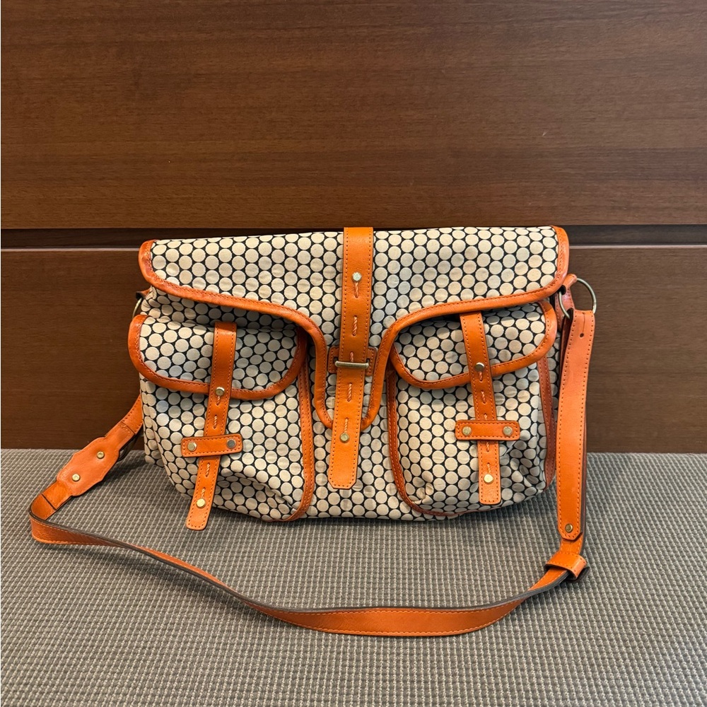 MiaBossi Diaper Bag - Orange Leather Trim with Natural Canvas Polka Dot.